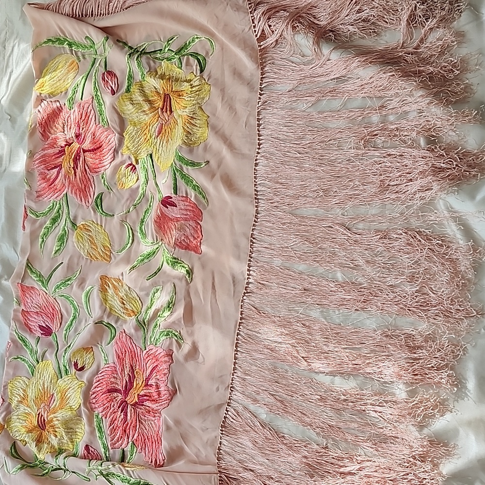 Vintage Gorgeous Rare Cleaned Silk Embroidered Floral Fringe Piano Shawl, $195 - Picture 3 of 12